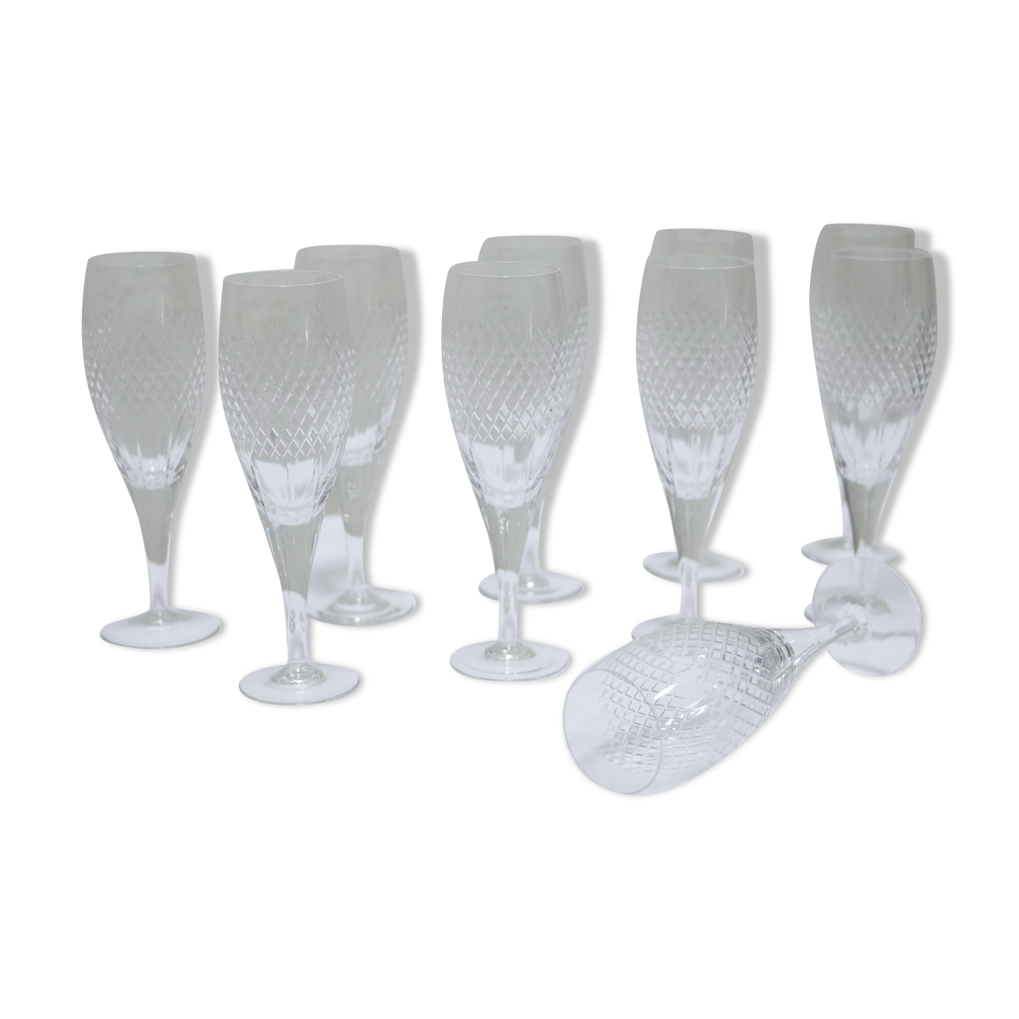 Series of 10 vintage crystal champagne flutes