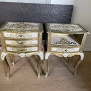 Bedside pair, 3 drawers, 1 drawer and a niche, painted golden wood, italian renaissance style