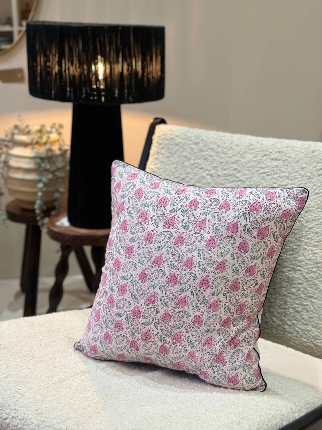 Coussin indien block print fleurs "fleur" - rose/blanc