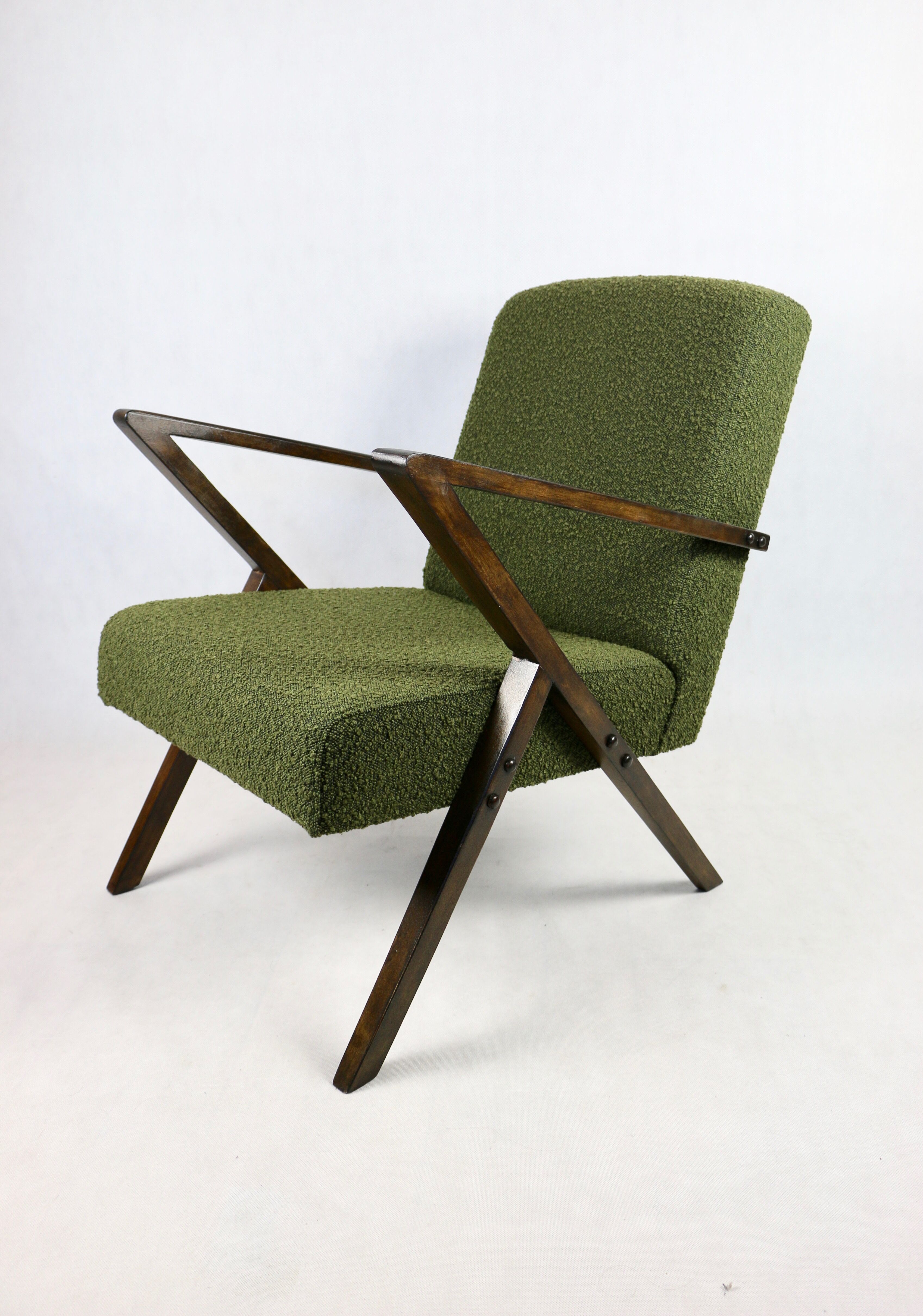 Vintage olive green boucle armchair, 1970s
