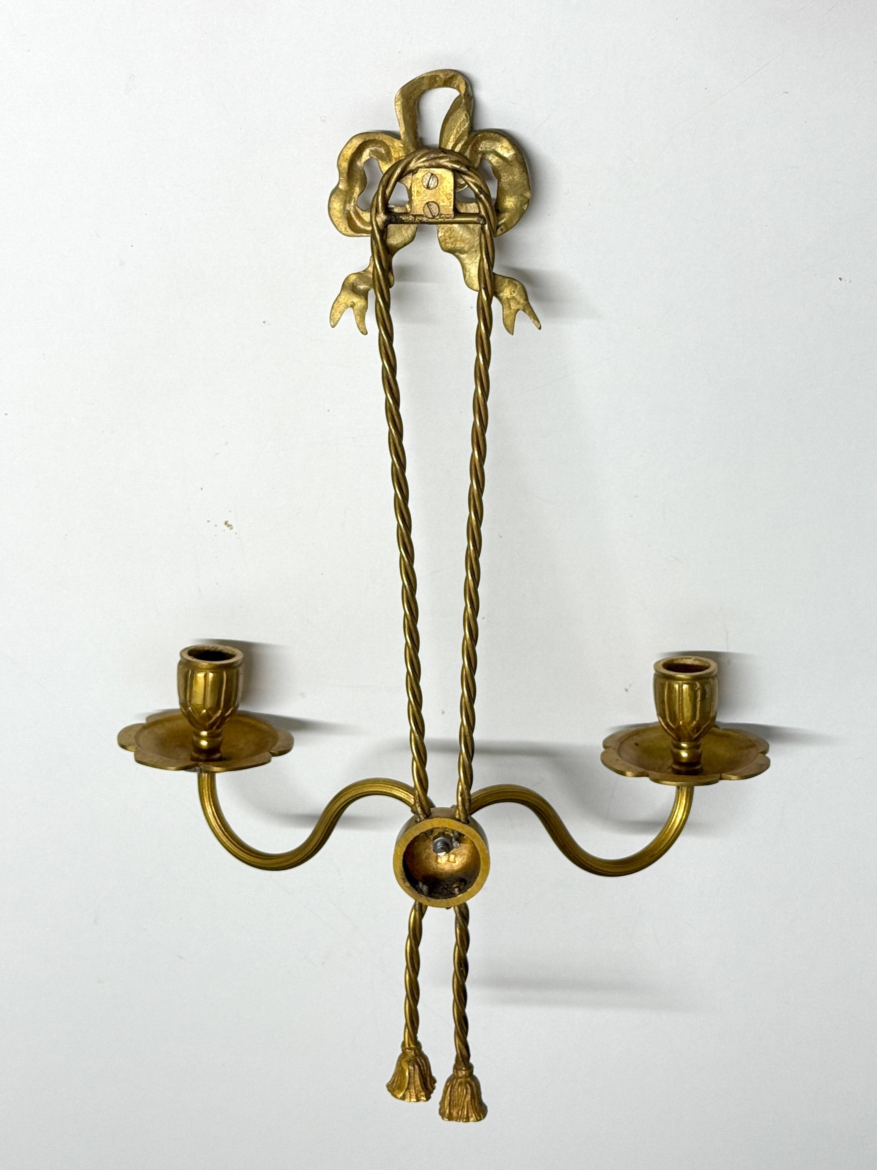 Antique Pair of 2-Light Wall Lights - Gilt Bronze - Louis XVI Style Knot