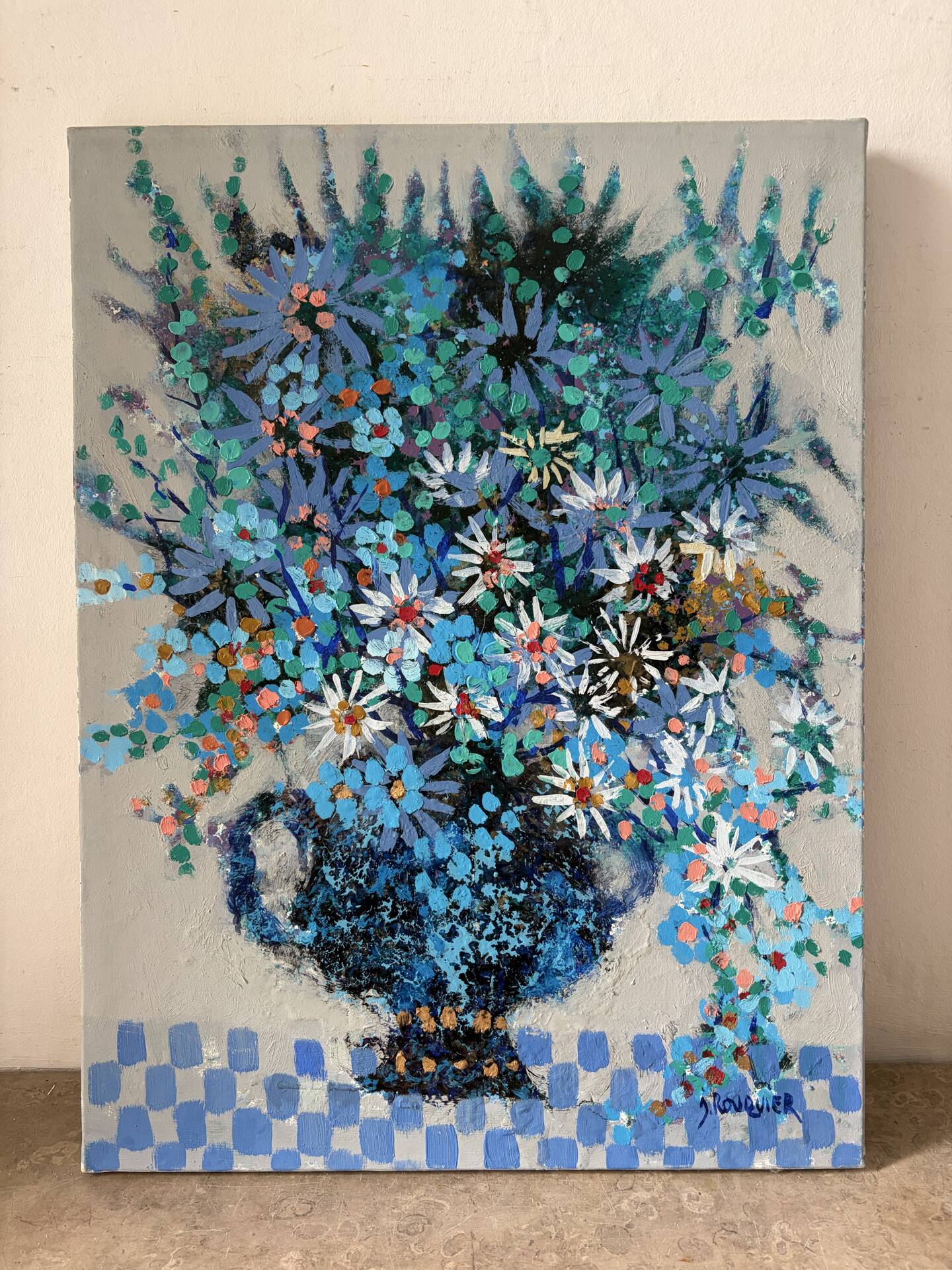 Blue flowers in celebration, oil on canvas signed Jacques Rouquier.