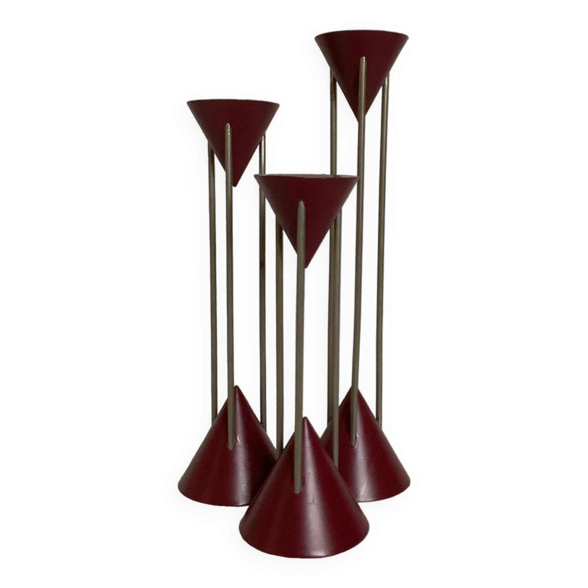 Trio of vintage burgundy candlesticks