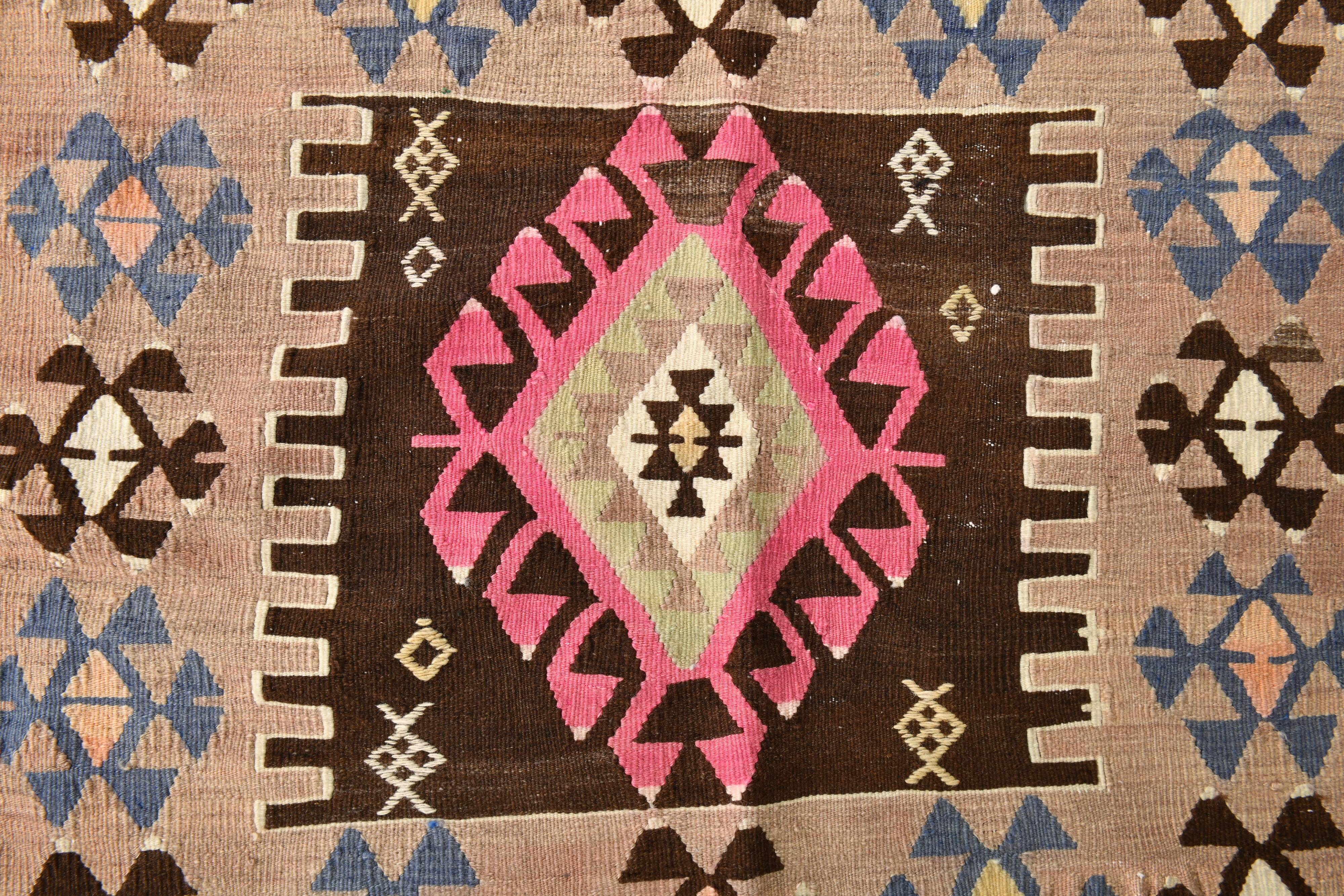 5x10 Long Wide Brown & Pink Tribal Vintage Kilim Rug, 163x298Cm