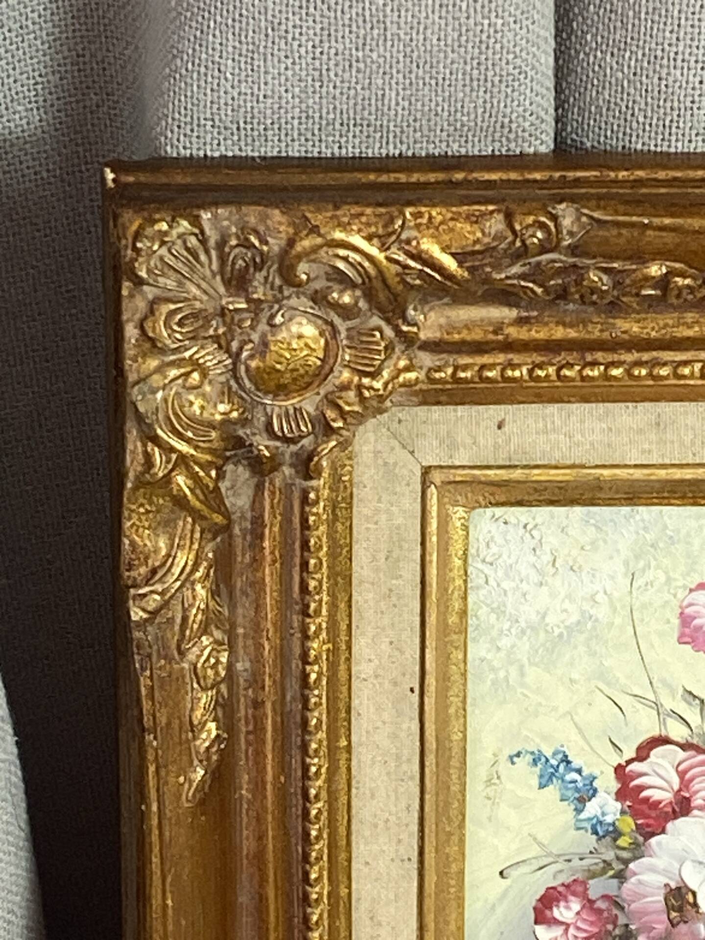 Still life, painting on hardboard, wooden and stucco frame.