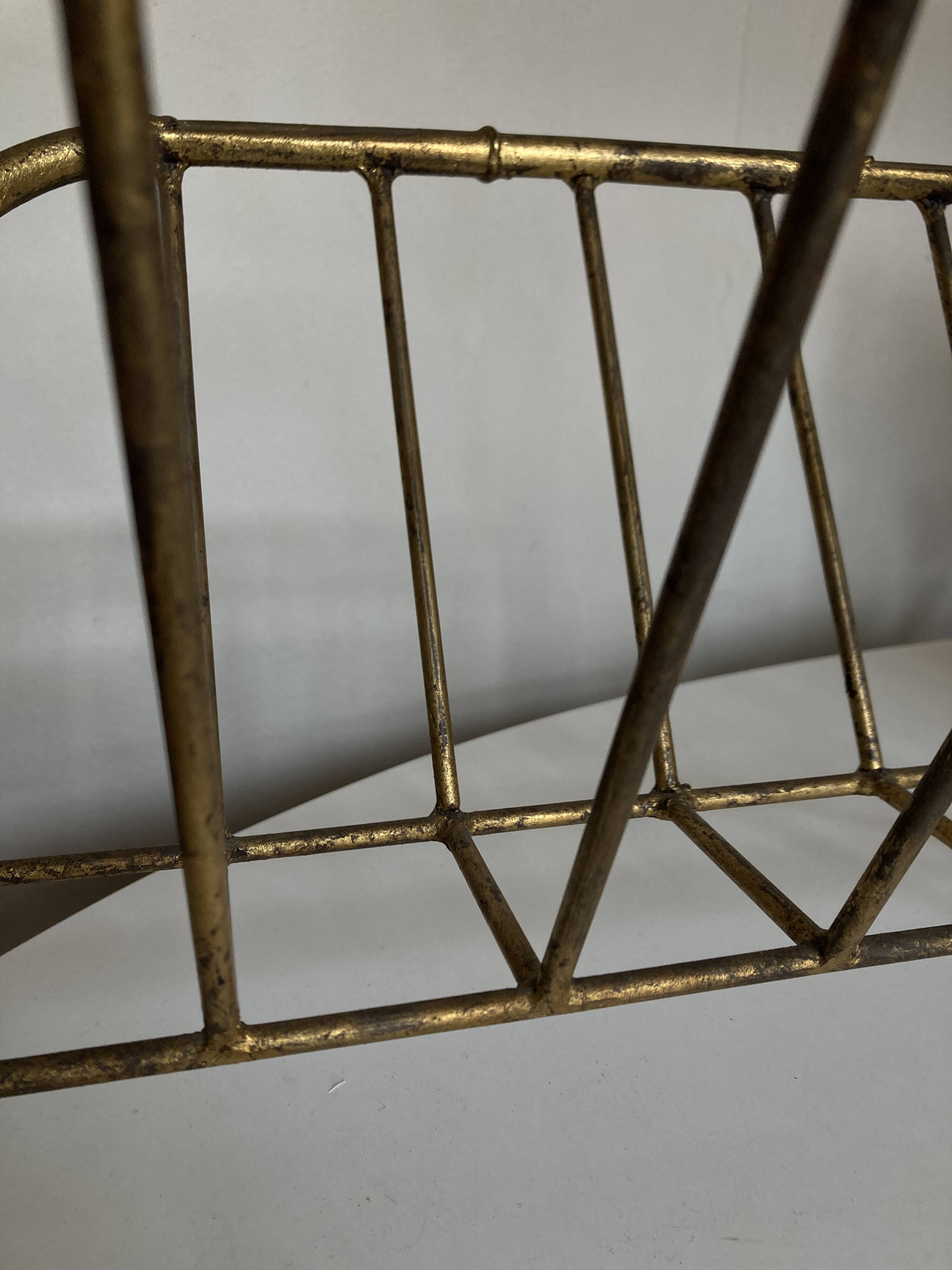 1960 magazine rack faux bamboo in beaten gold iron Italian craftsmanship