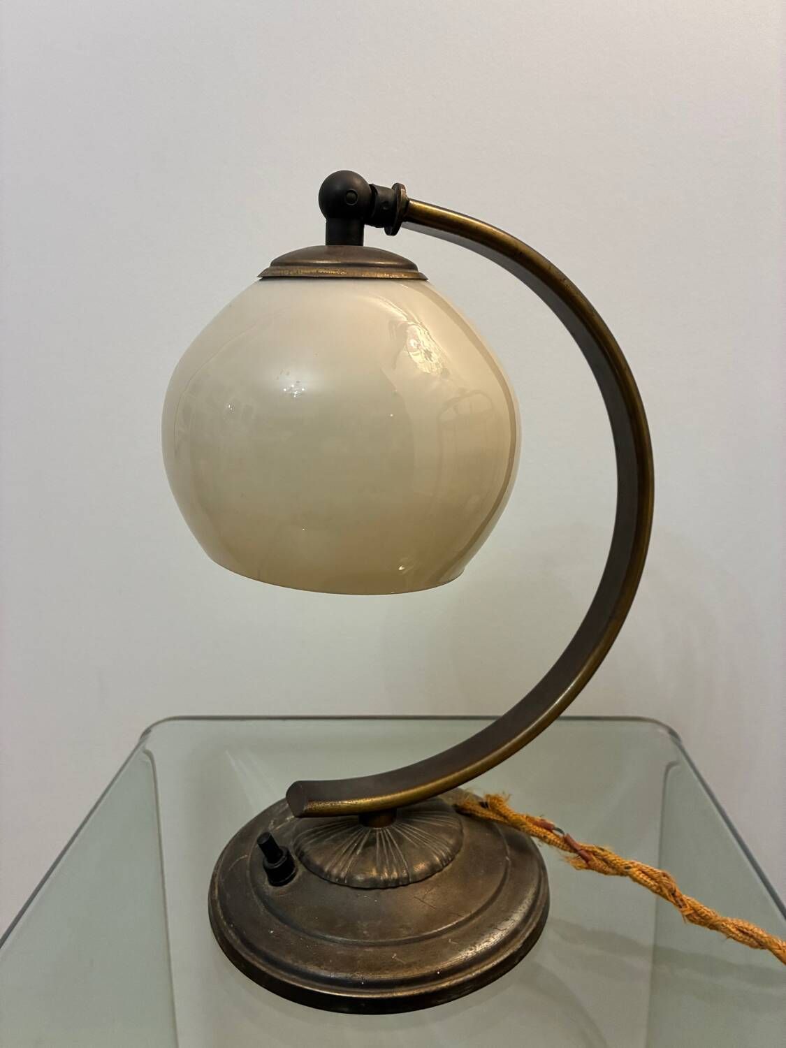 Antique Art Deco lamp with opaline glass and brass fittings, 1930s