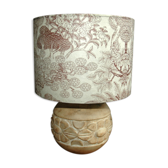 Lamp, patinated carved wood foot, polyphane day offal, paper, beige, ecru, chocolate, flower, vegetal,