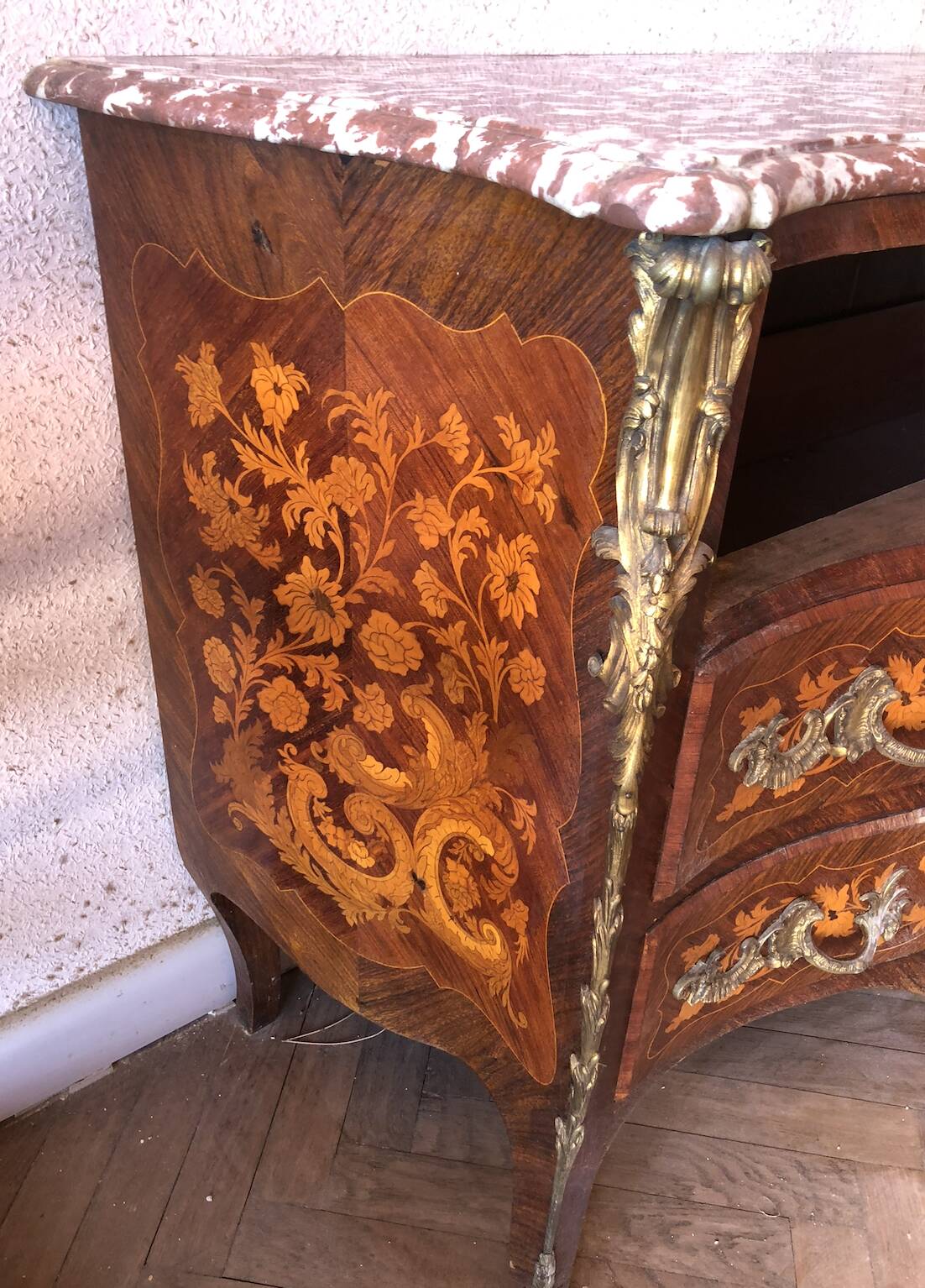Louis XV style commode – floral marquetry – marble top – gilded bronzes