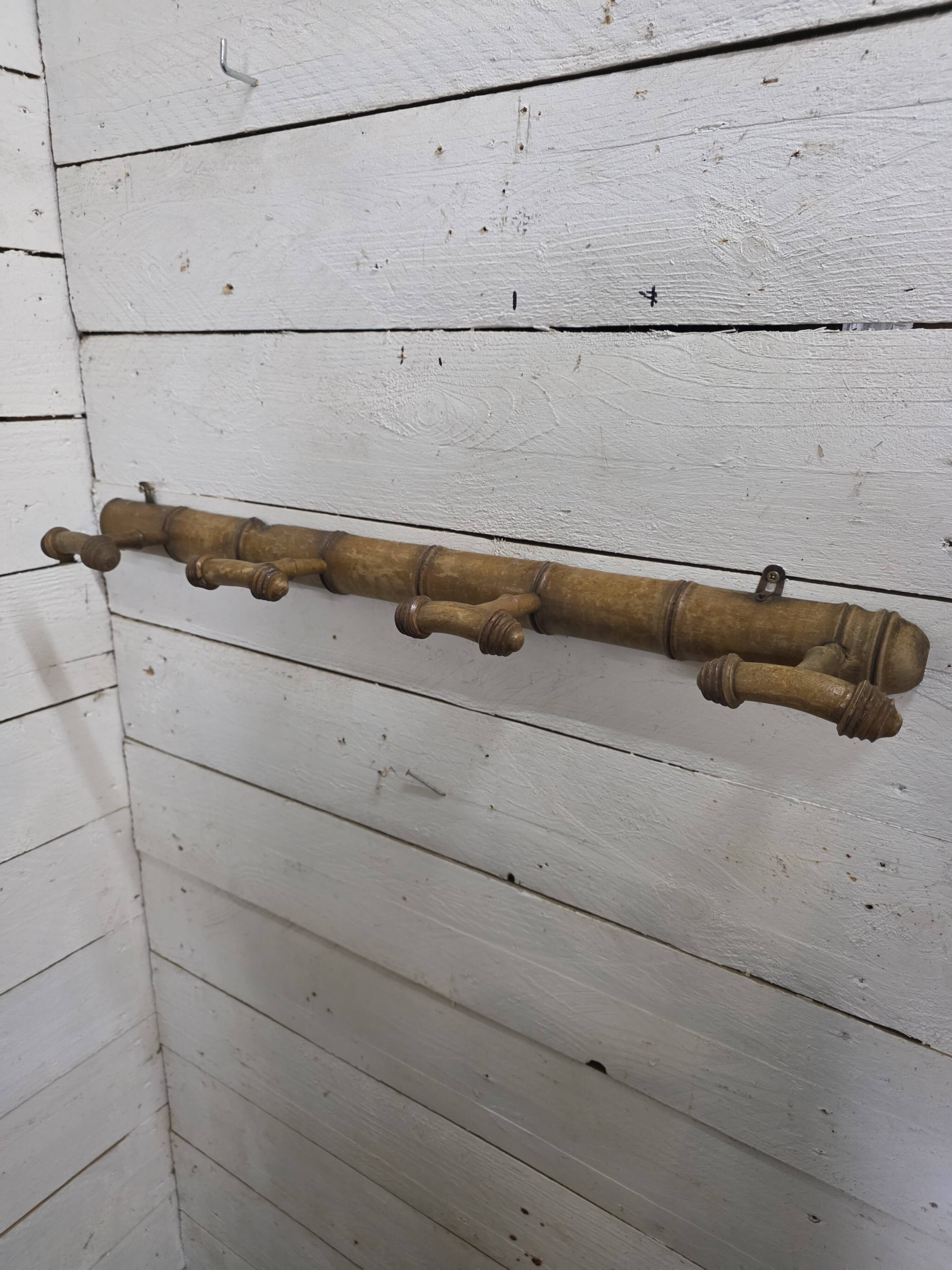 Bamboo wooden coat rack with 4 hooks, 1950s.