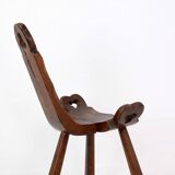 Primitive French Wooden Carved Tripod Chair, Wabi Sabi Style, Early 20th Century