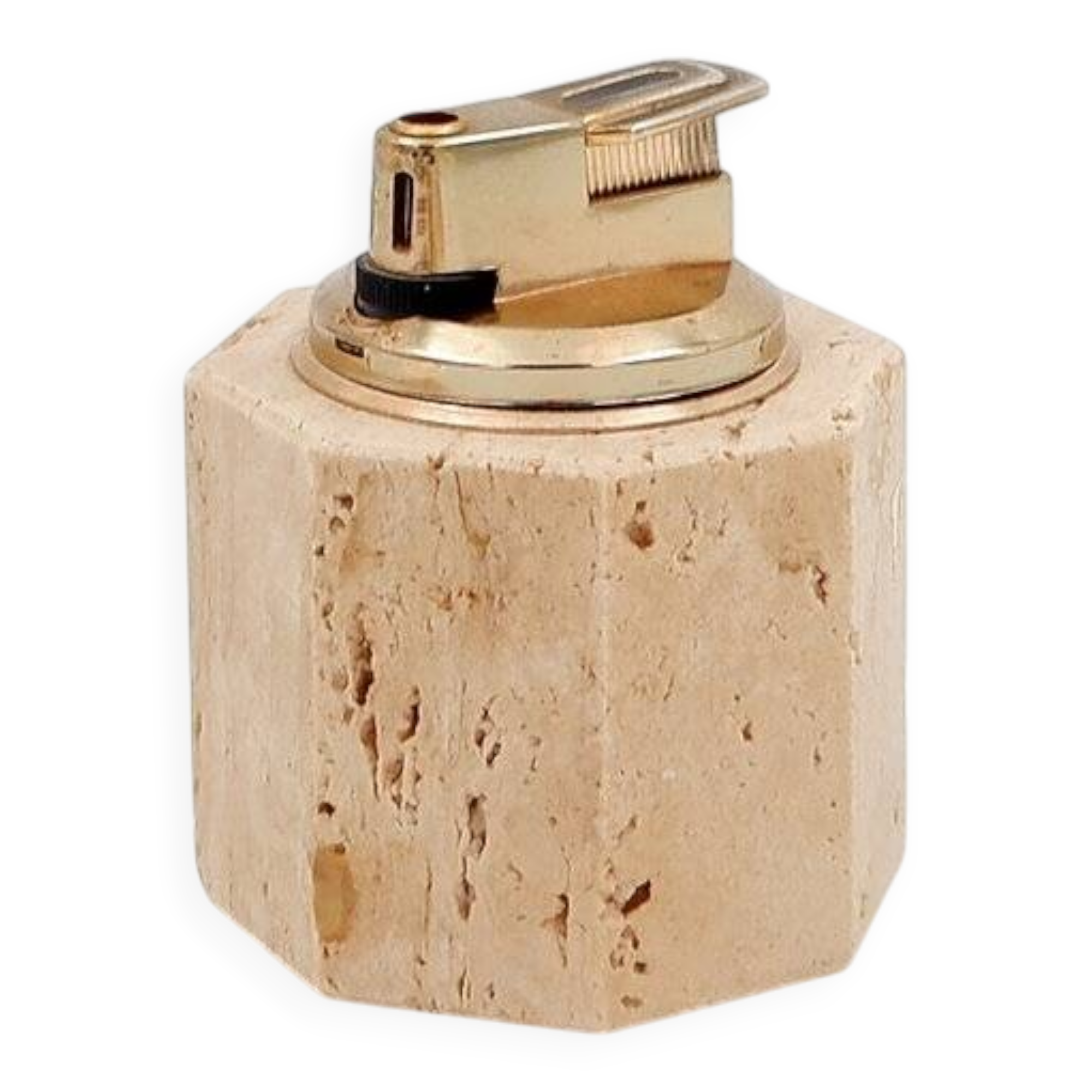 Vintage octagonal table lighter by Cerri Nestore in travertine - Italy 1970s