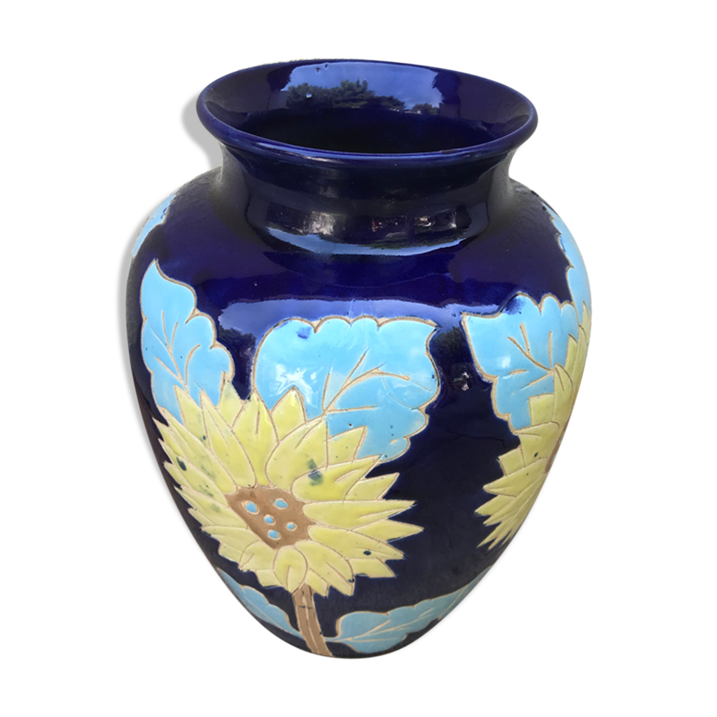 Ancient Blue Enamelled Ceramic Vase Decor Yellow Flowers 60s Vintage