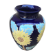Ancient Blue Enamelled Ceramic Vase Decor Yellow Flowers 60s Vintage