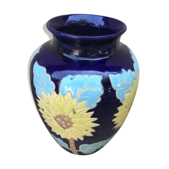 Vase céramique émaillée bleue décor fleurs jaune années 60 vintage