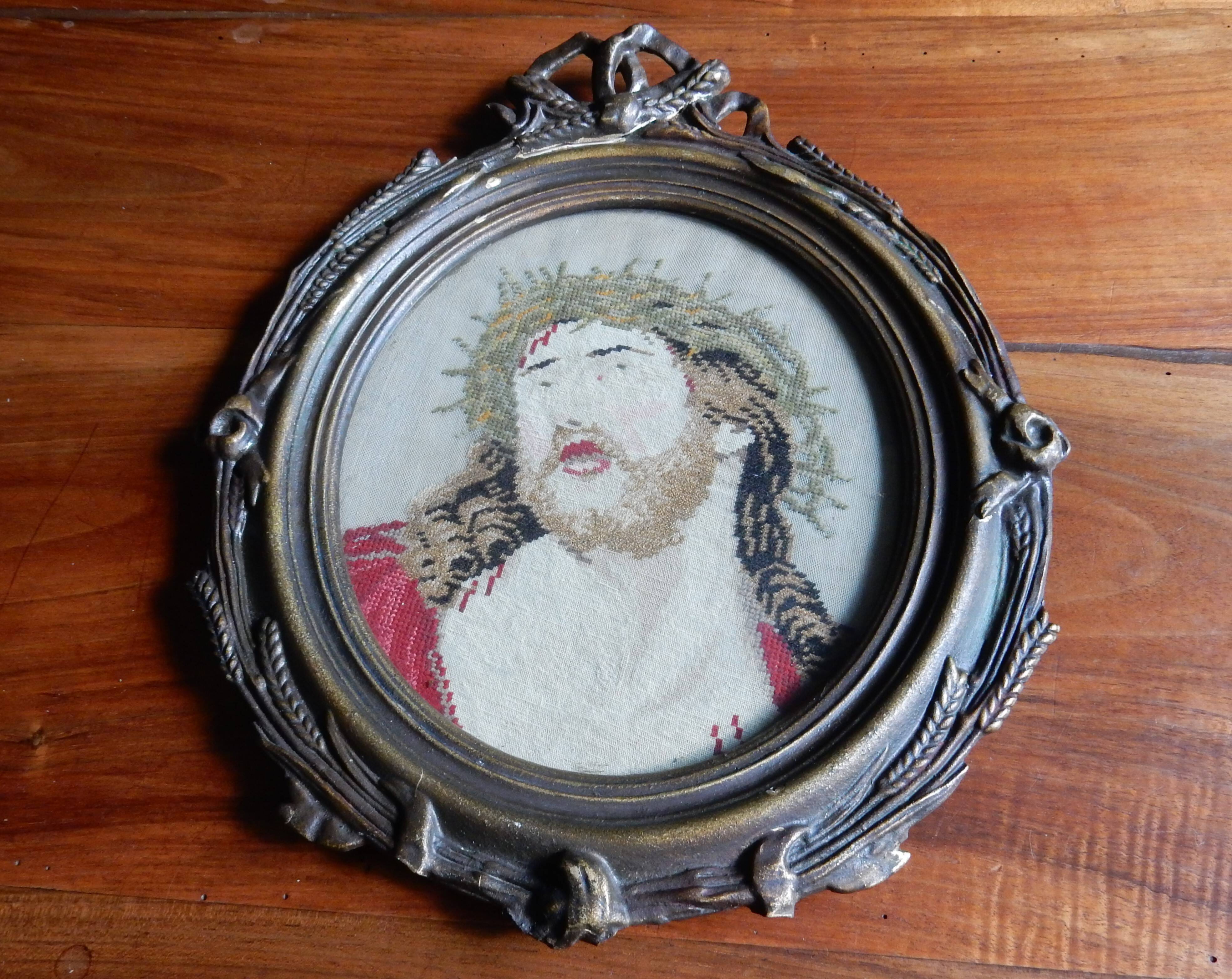 Framed tapestry portrait of Jesus Christ