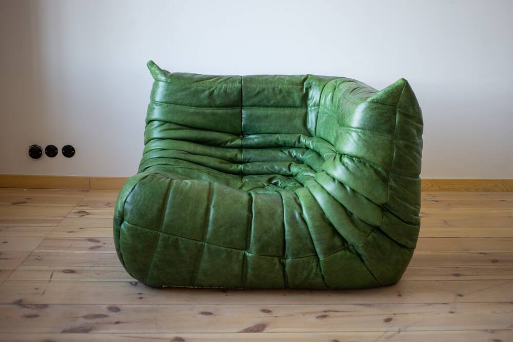 Ensemble de salon Togo en cuir vert, signé Michel Ducaroy pour Ligne Roset, 1979, ensemble de 5 pièces