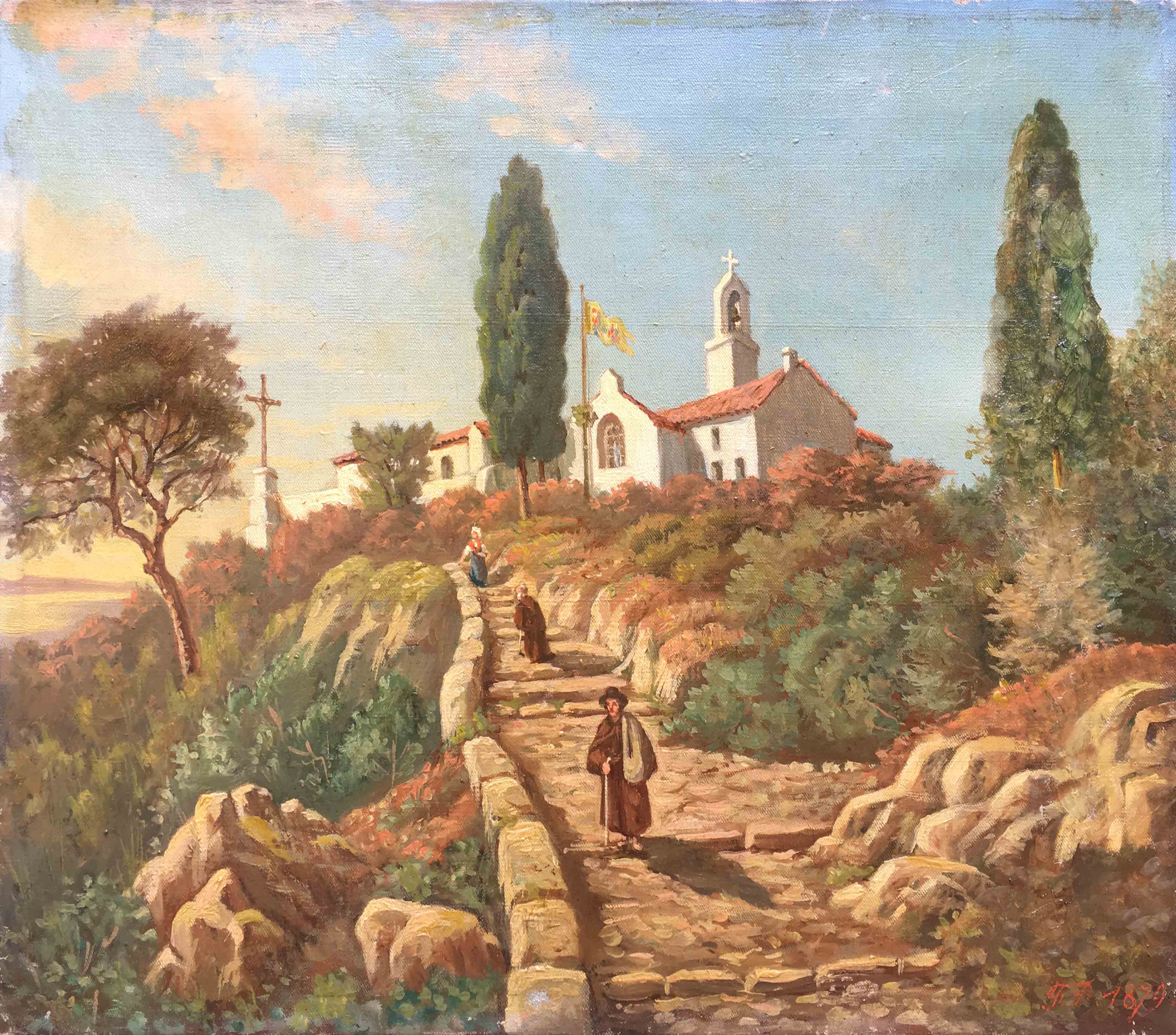 Painting Animated Mediterranean landscape at the monastery 1879 signed F.D.