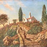Painting Animated Mediterranean landscape at the monastery 1879 signed F.D.