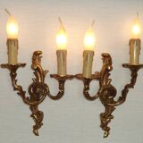 Stylish Vintage French Bronze Double Wall Sconces with Acanthus Leaf Detail