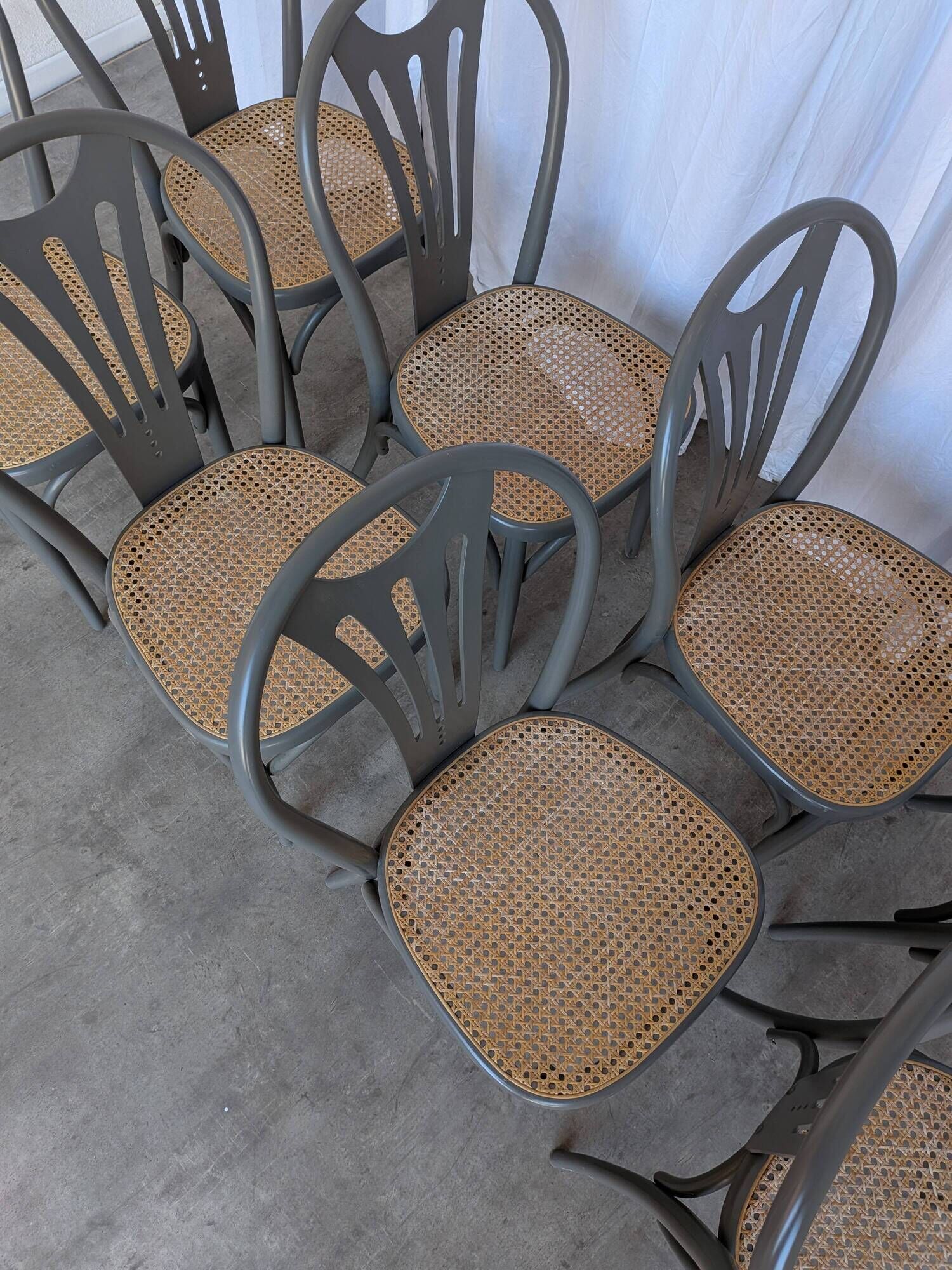 Set of 8 Vintage Gray Bentwood Dining Chair: Thonet Style Cane Seat