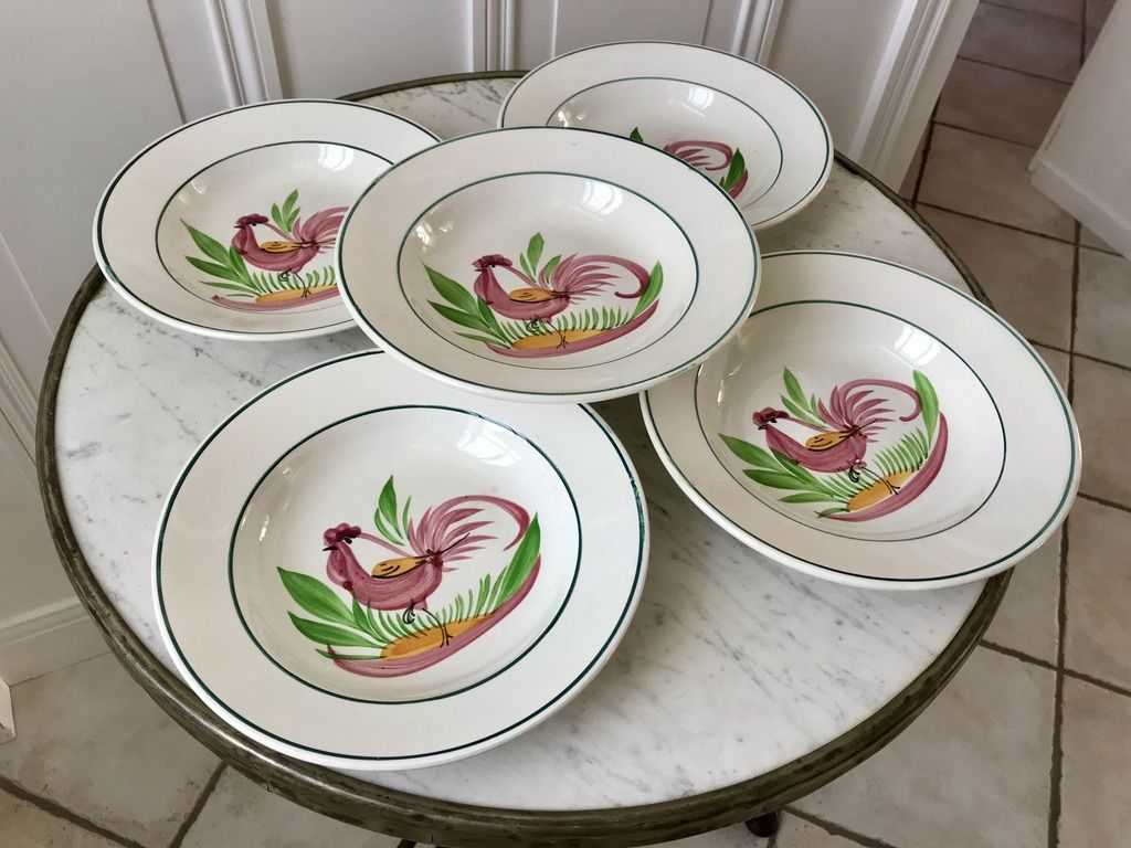 Lot of 5 hollow plates digoin sarreguemines model "rooster" years 40-50