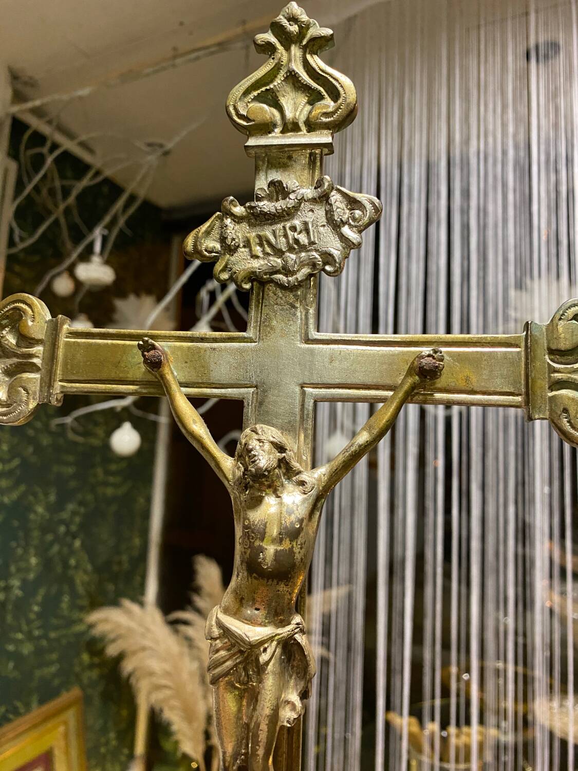 Altar cross crucifix golden brass silver foot