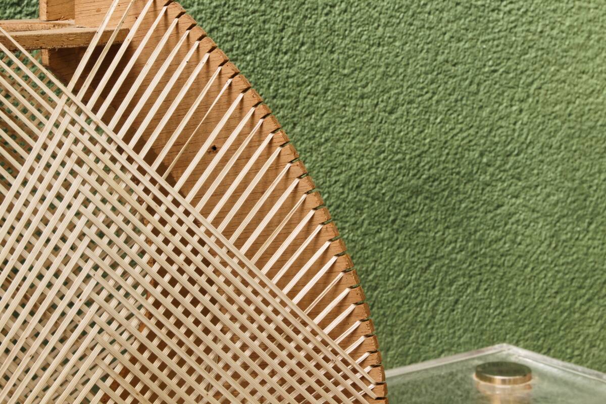 Scandinavian modernist wooden suspension with taut wires, 1960s.