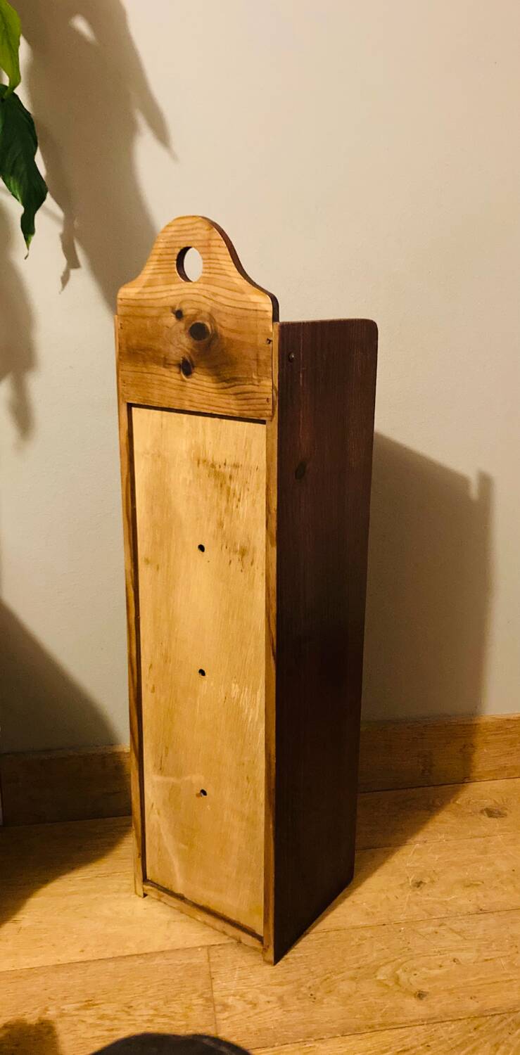 1980s solid wood bread bin decorated with a golden wheat sheaf