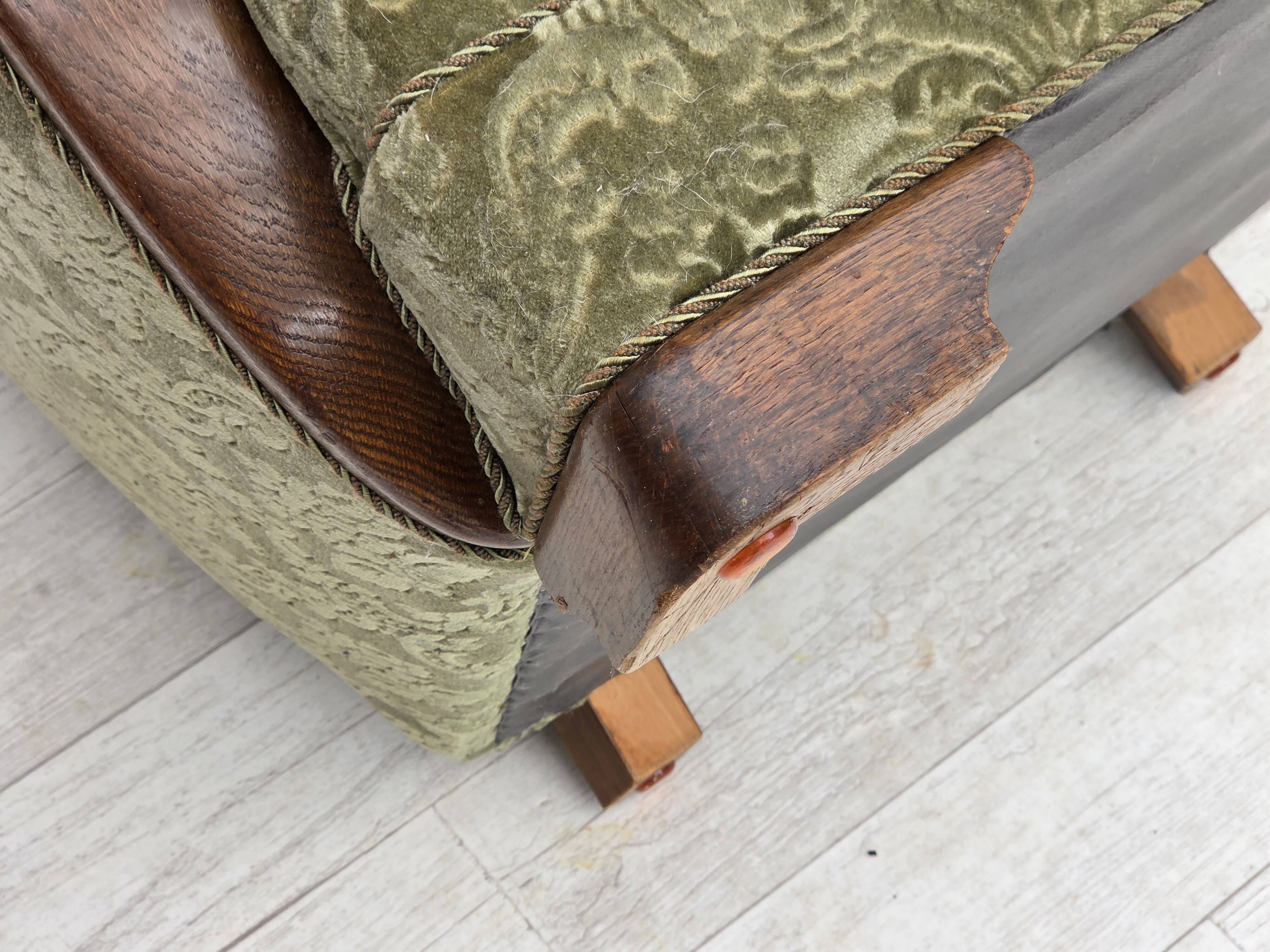 1960s, Danish armchair, green furniture velour, solid oak wood.
