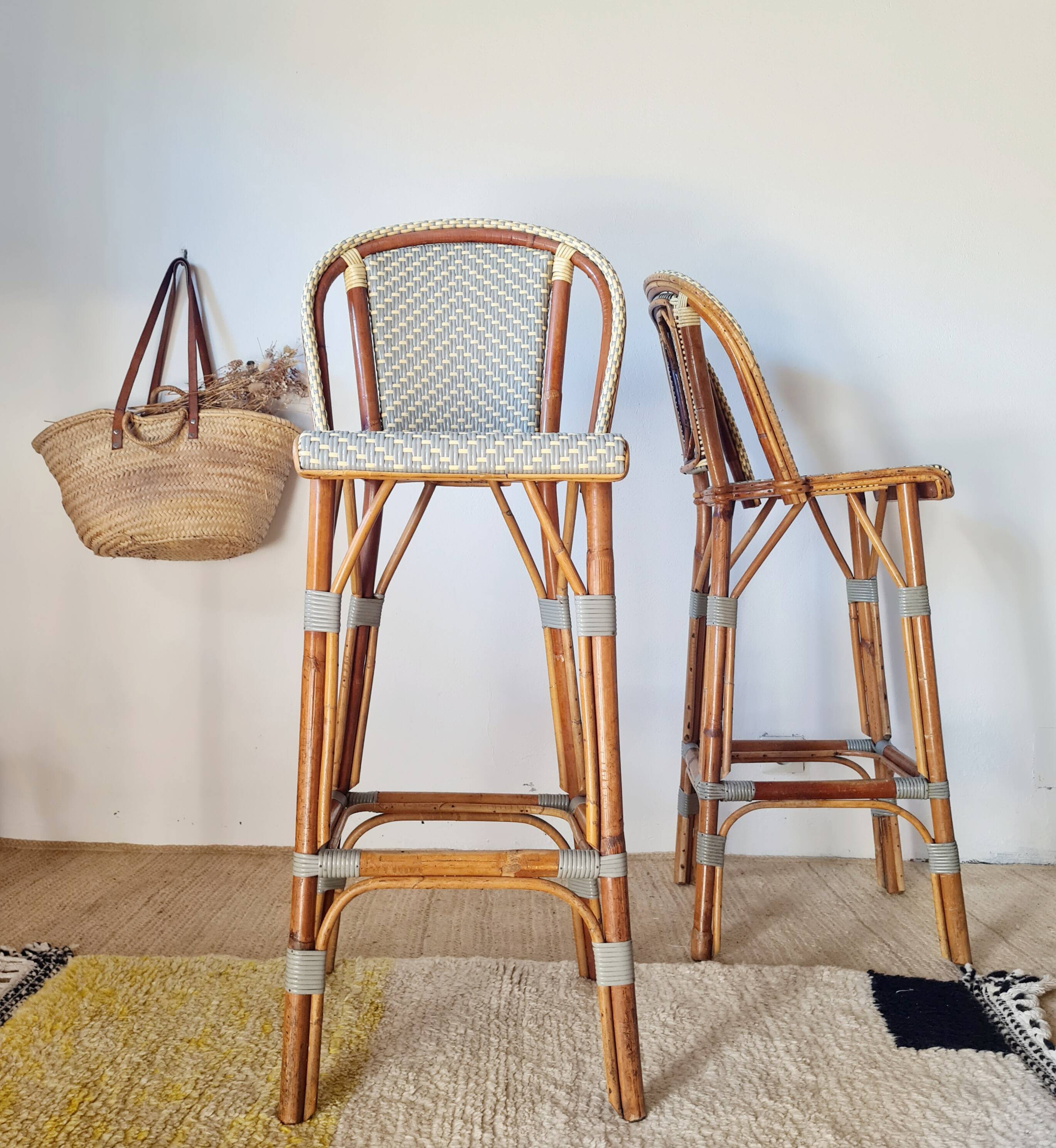 Vintage Gaty bar stools in two-tone rattan and cane.