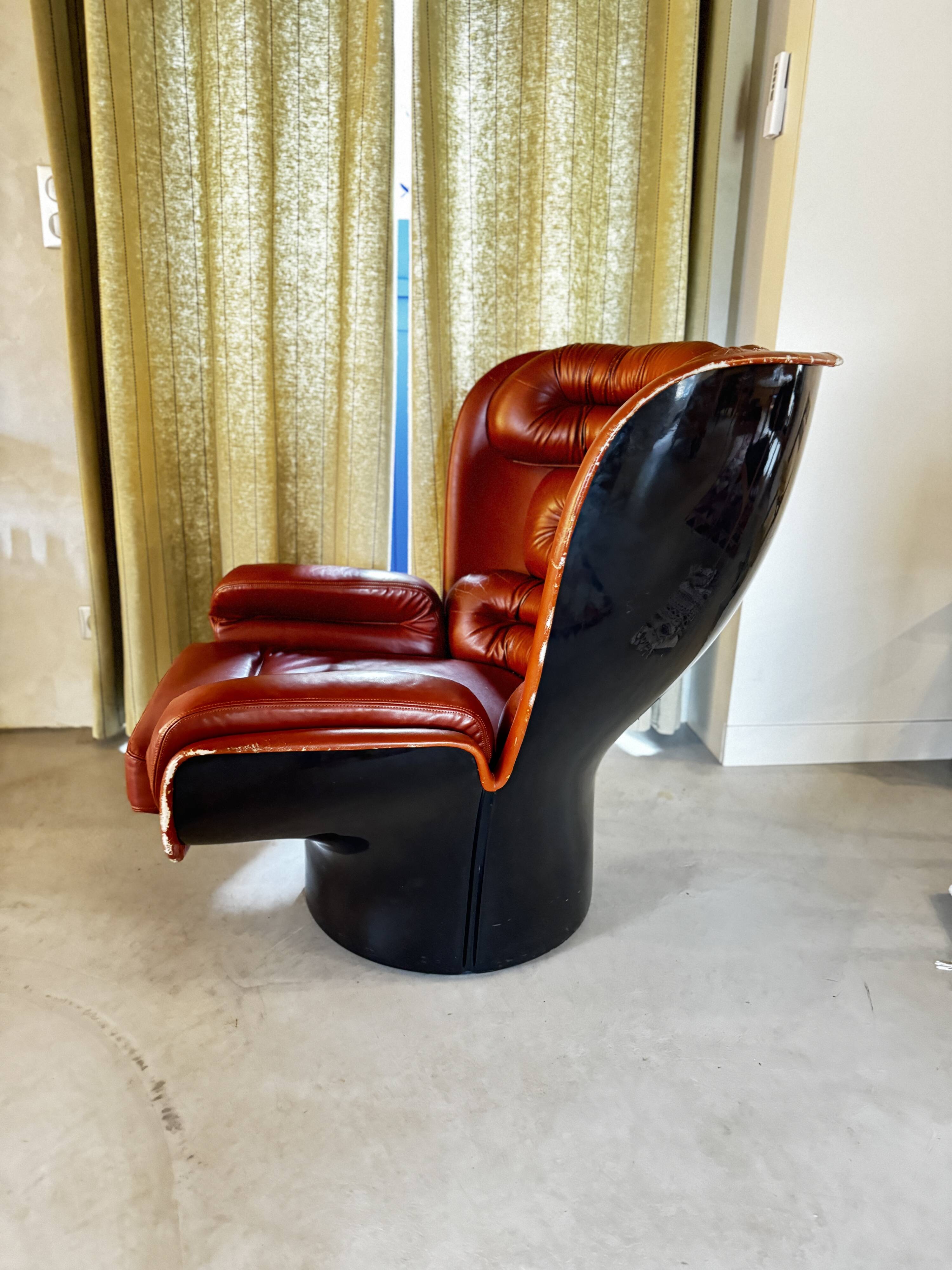 Elda armchair by Joe Colombo, black shell, brown leather