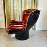 Elda armchair by Joe Colombo, black shell, brown leather