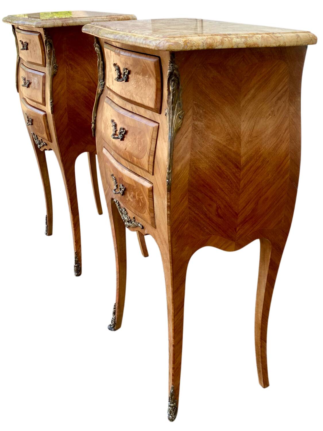 Pair of bedside tables in marquetry – veined marble top – Louis XV style