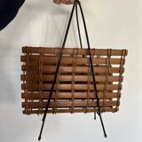 Vintage magazine rack in wood, rattan and wrought iron