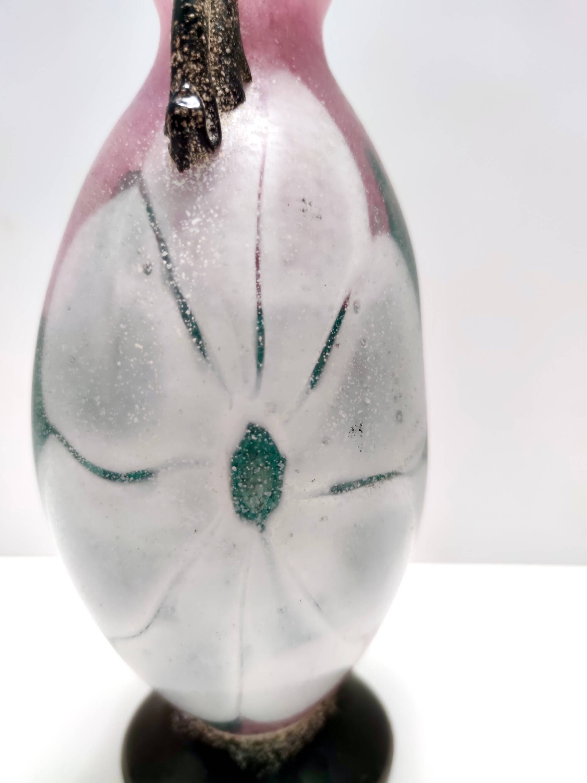 Postmodern Pink, Green and White Hand Blown Scavo Glass Vase, Murano, Italy