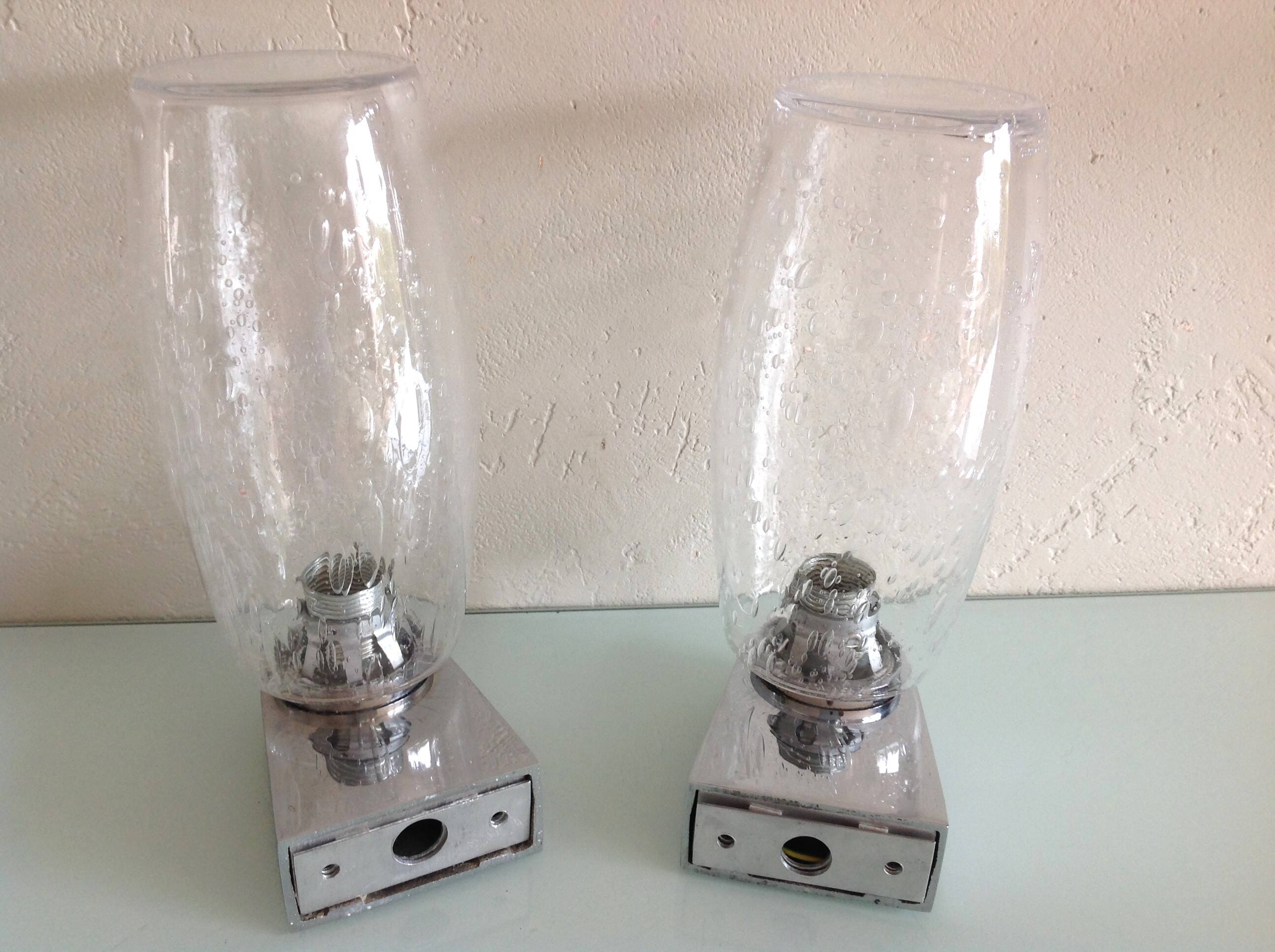 Pair of vintage 1970s-80s glass and chrome wall lights with teardrop shapes