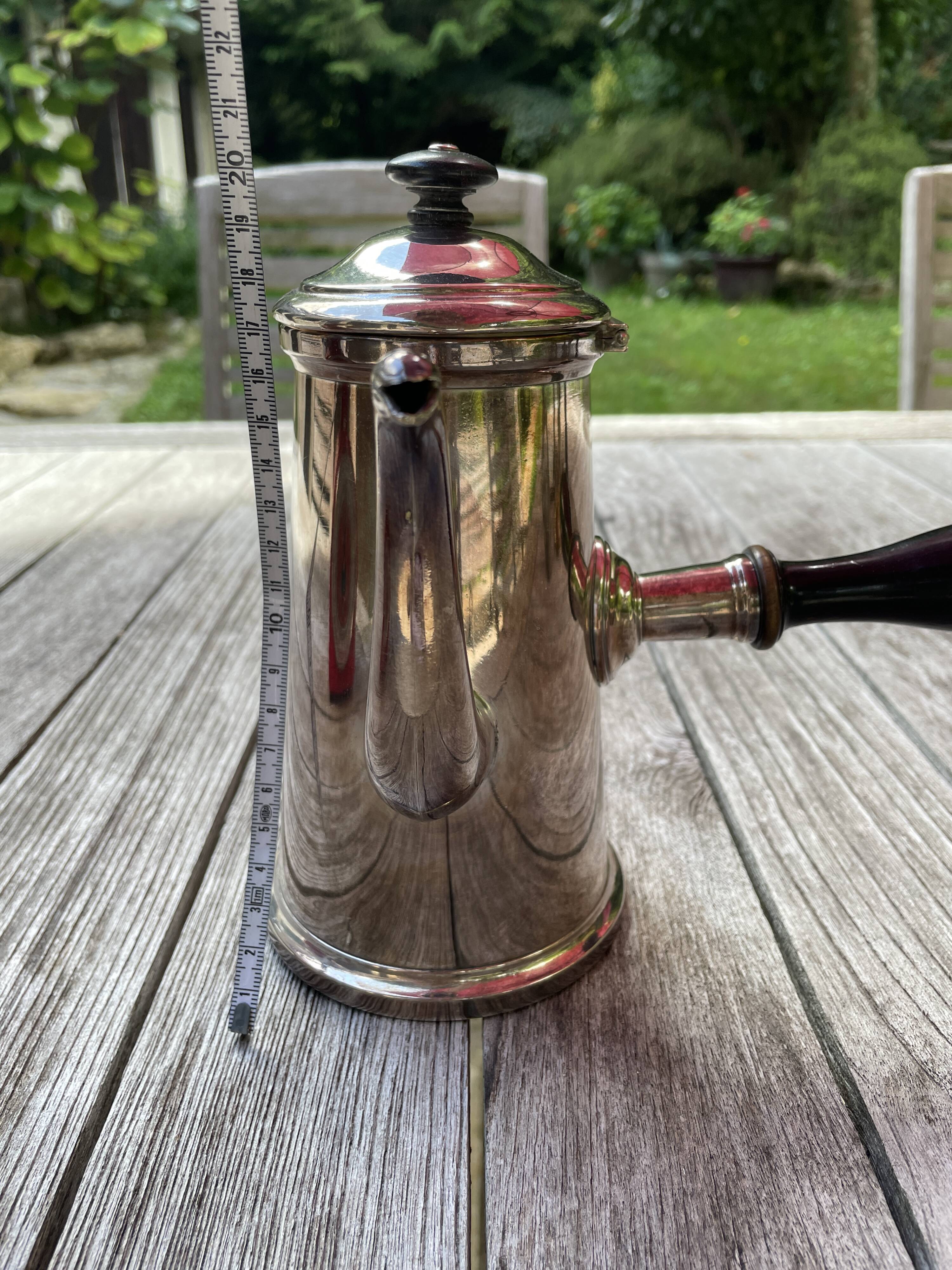 Silver chocolate pot with wooden handle and lid