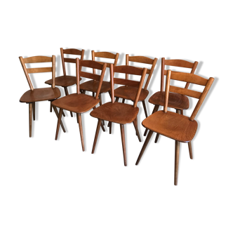 Lot de 8 chaises vintage en hêtre pieds compas 1960’s