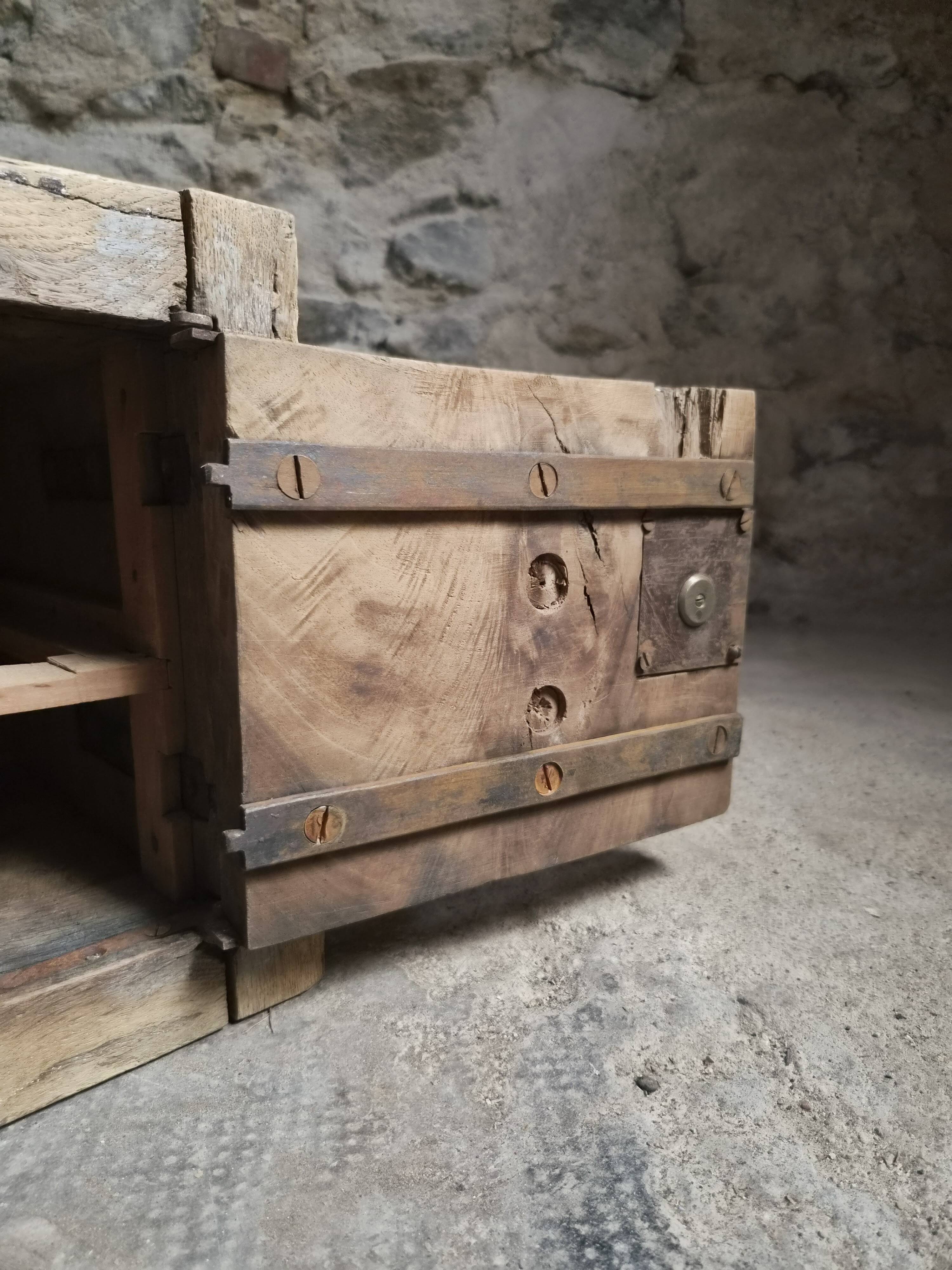 French antique oak safe, lockable rustic chest, circa 1750–1850.