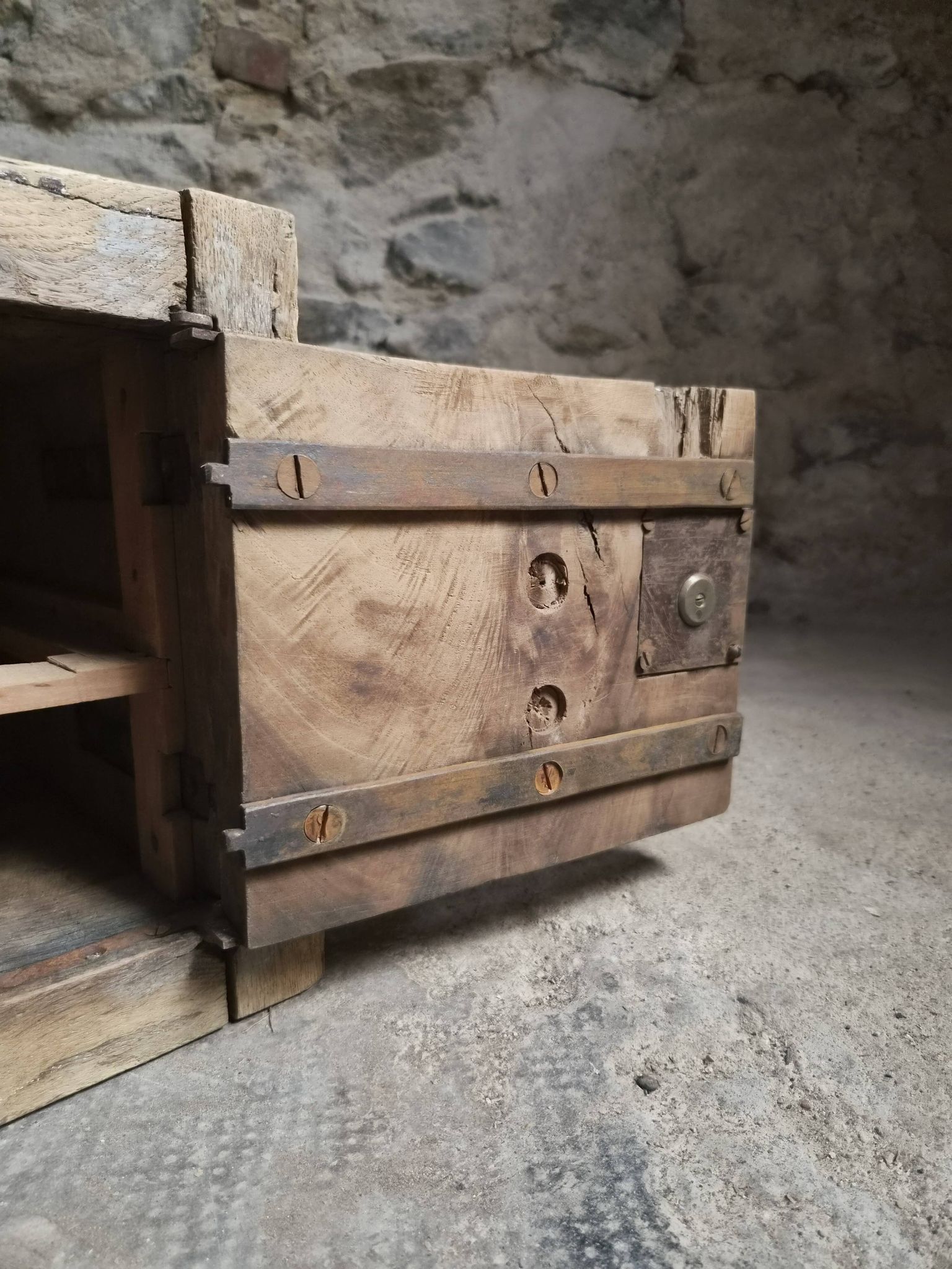 French antique oak safe, lockable rustic chest, circa 1750–1850.