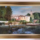 Tableau ancien paysage au bord de l’eau, signé XX siècle