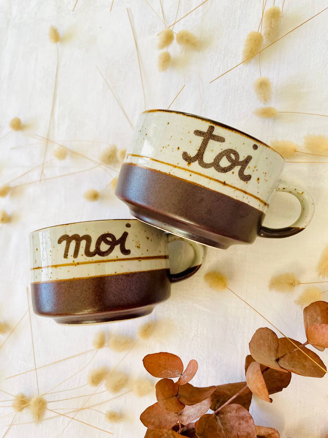 Duo de tasses grès vintage « Toi & Moi »