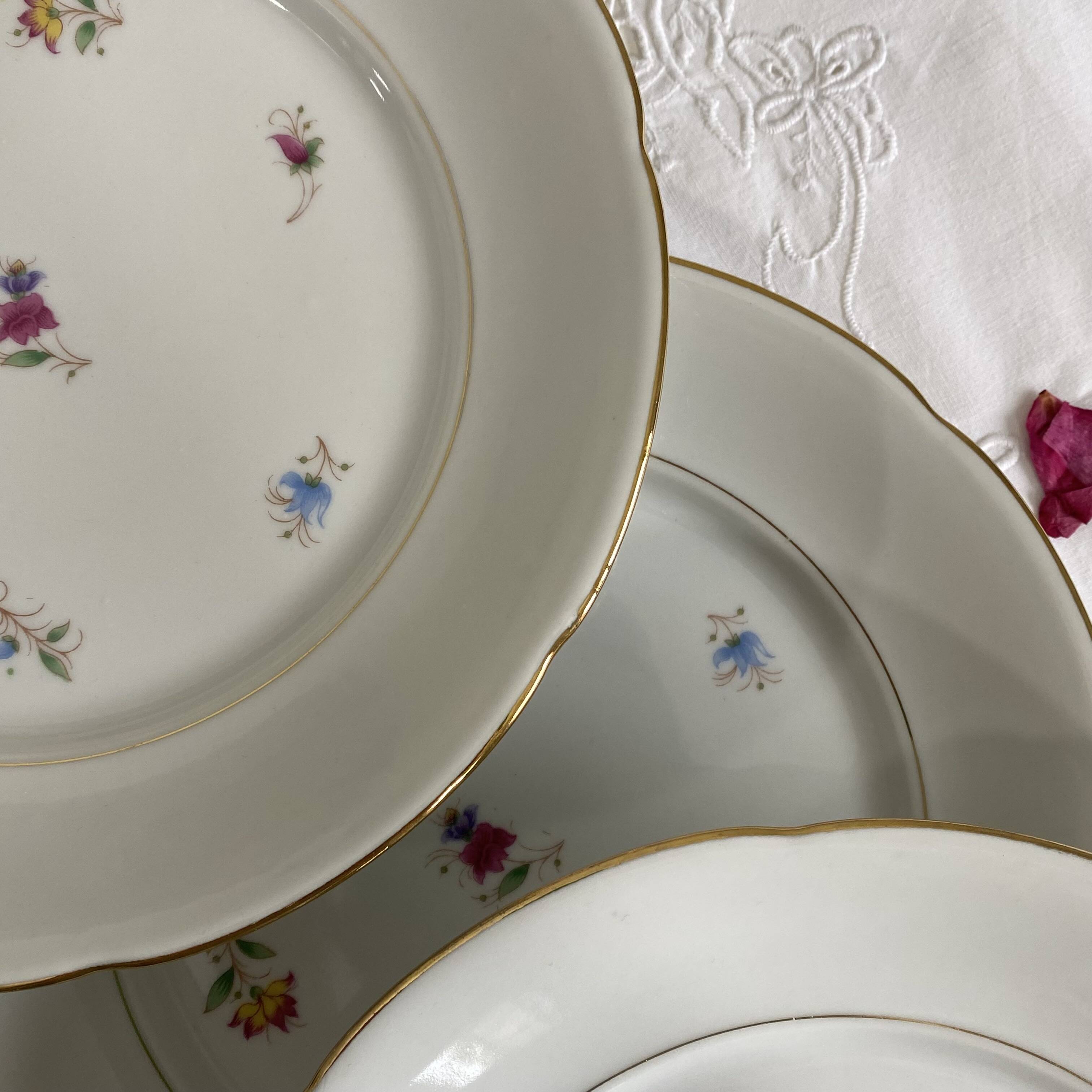 6 flat plates, antique porcelain with flowers and gilding, P L Limoges.