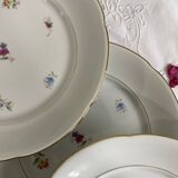 6 flat plates, antique porcelain with flowers and gilding, P L Limoges.