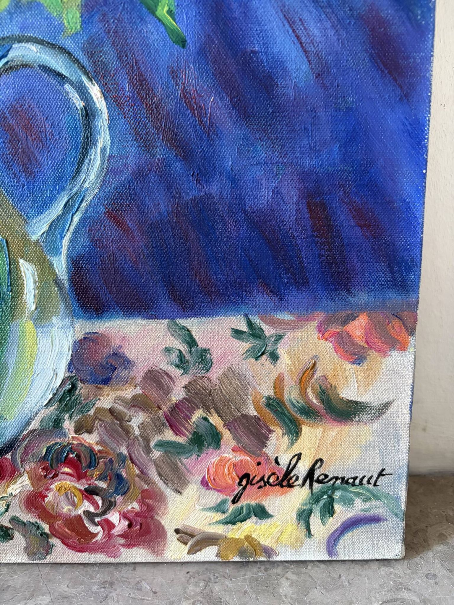 Anemones and marigolds, oil on canvas signed Gisèle Renaut.