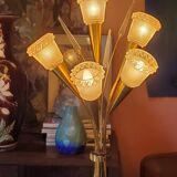 Vintage floor lamp in gilded brass with 5 glass tulips from the 50s