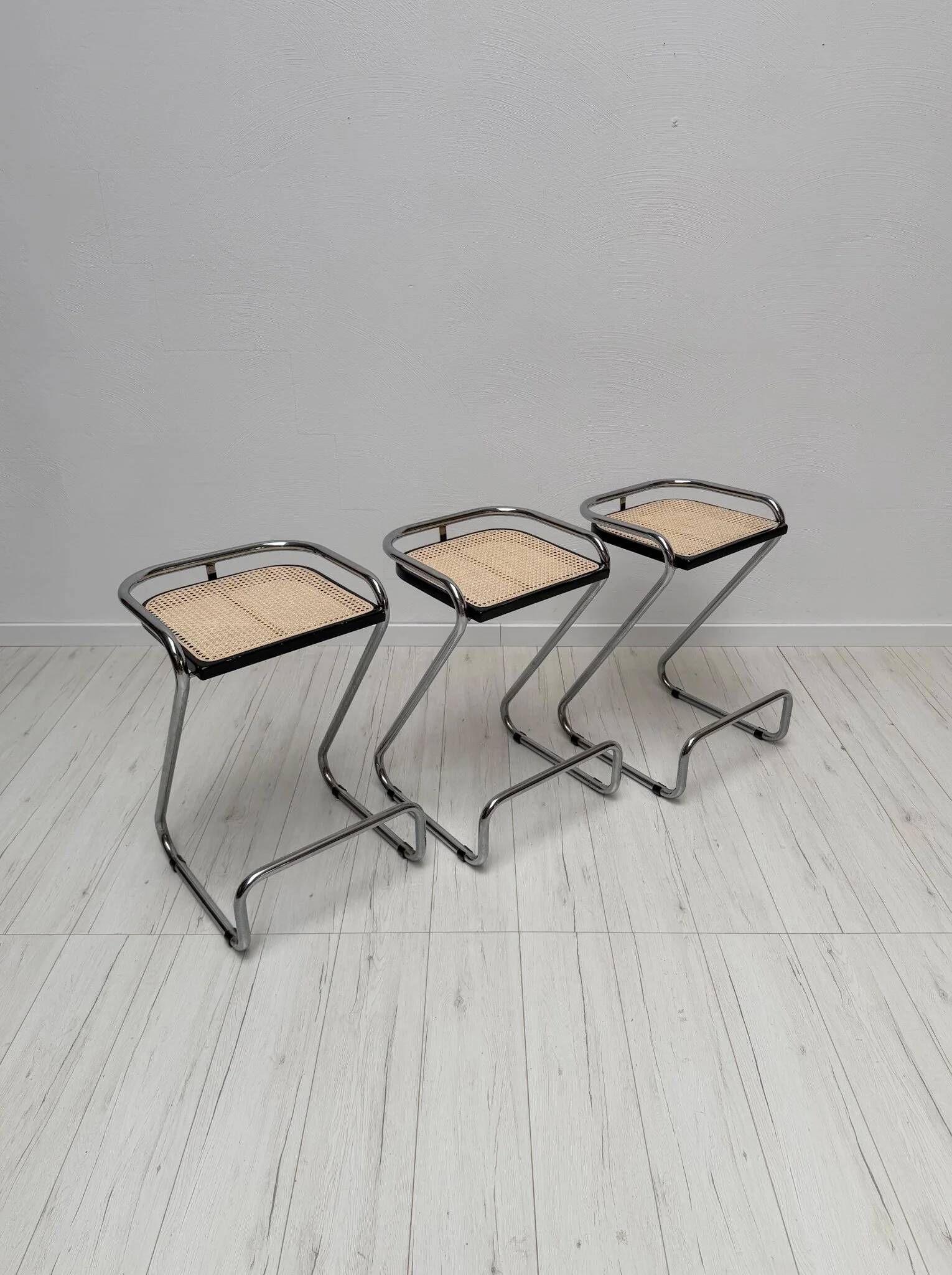 1970s set of 3 vintage Italian wicker & chrome barstools