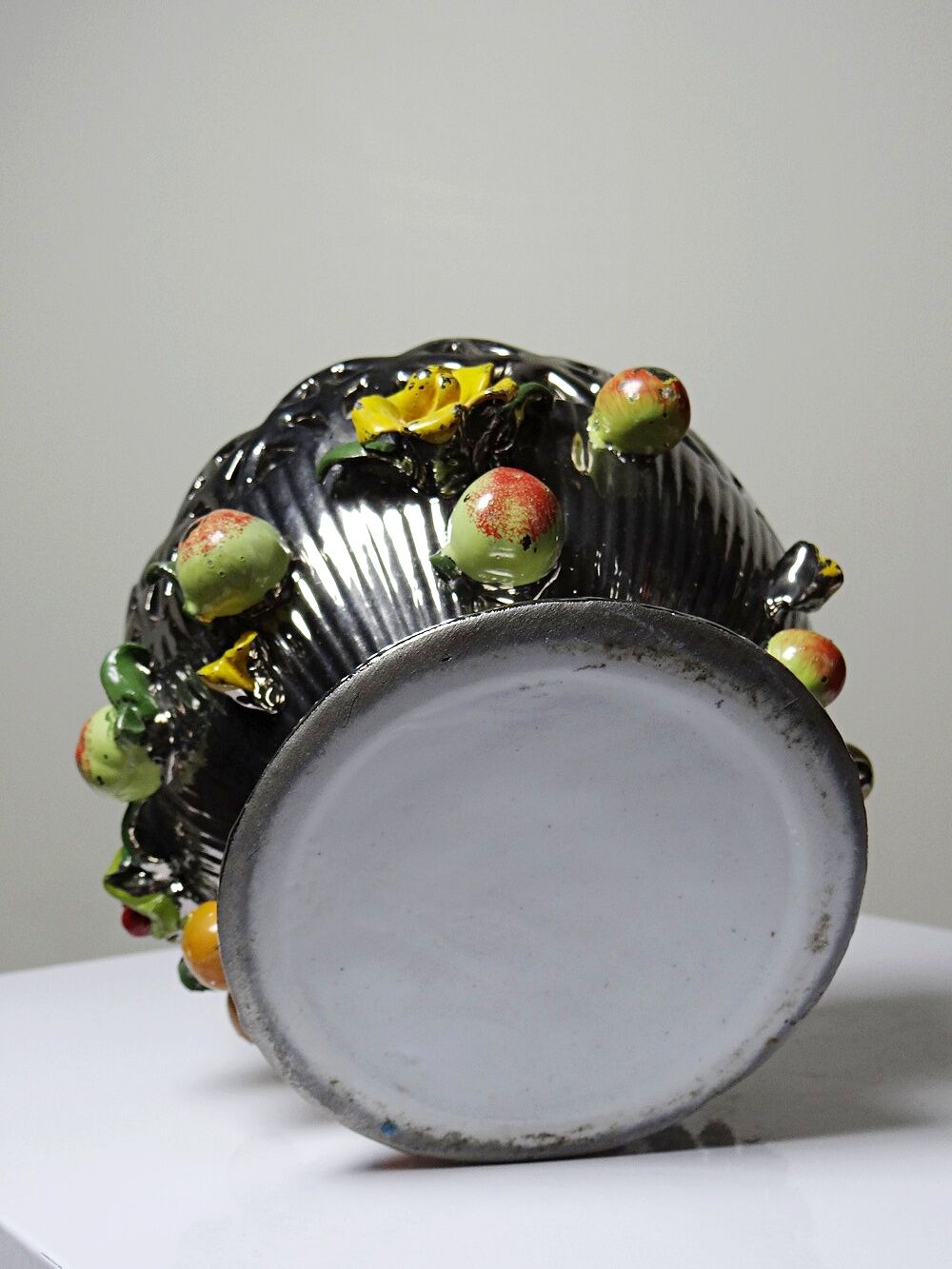 Vintage Italian silver-plated porcelain bowl with cut-out design of fruits and flowers.