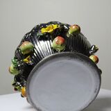 Vintage Italian silver-plated porcelain bowl with cut-out design of fruits and flowers.